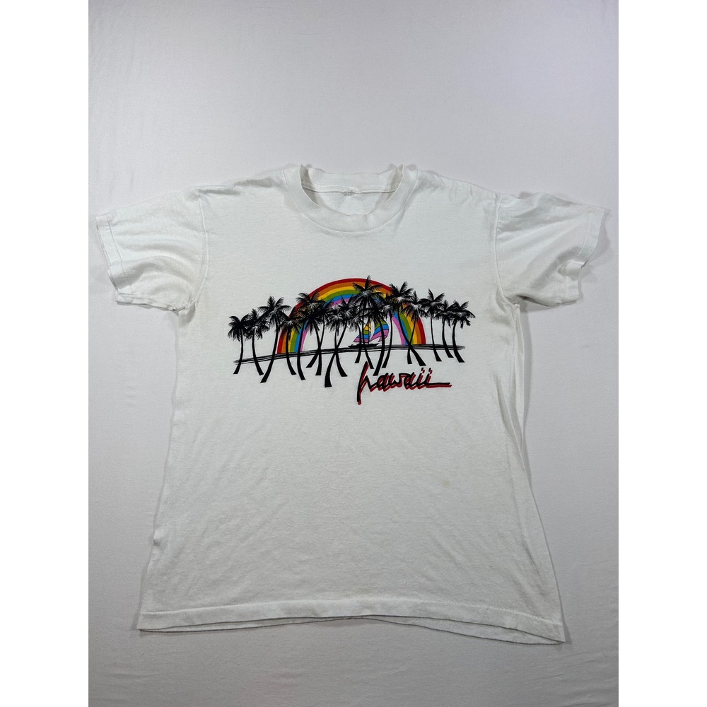 Vintage Hawaii T-Shirt White Rainbow Palm Trees Graphic Souvenir Tee Short Slv